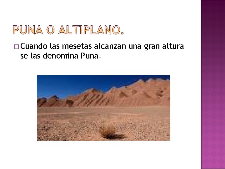 � Cuando las mesetas alcanzan una gran altura se las denomina Puna. 