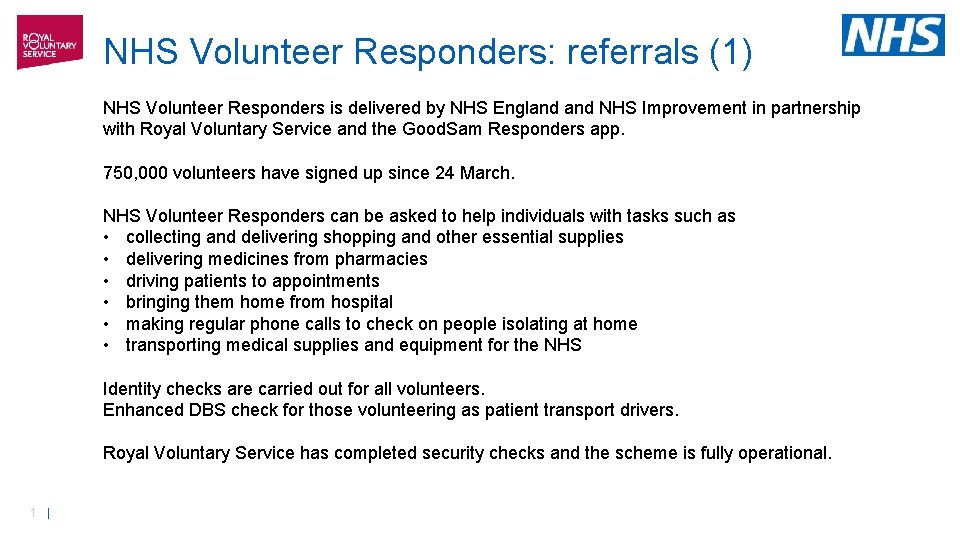 NHS Volunteer Responders: referrals (1) NHS Volunteer Responders is delivered by NHS England NHS
