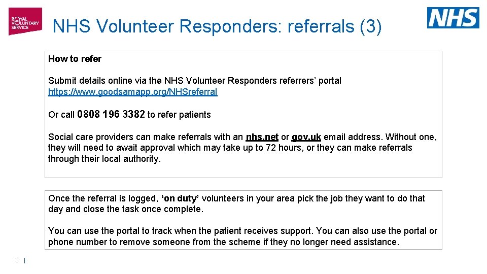 NHS Volunteer Responders: referrals (3) How to refer Submit details online via the NHS