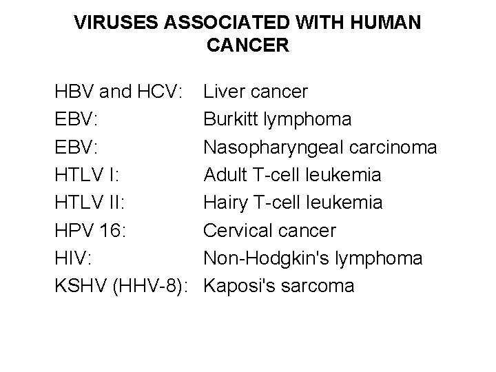 VIRUSES ASSOCIATED WITH HUMAN CANCER HBV and HCV: EBV: HTLV II: HPV 16: HIV: