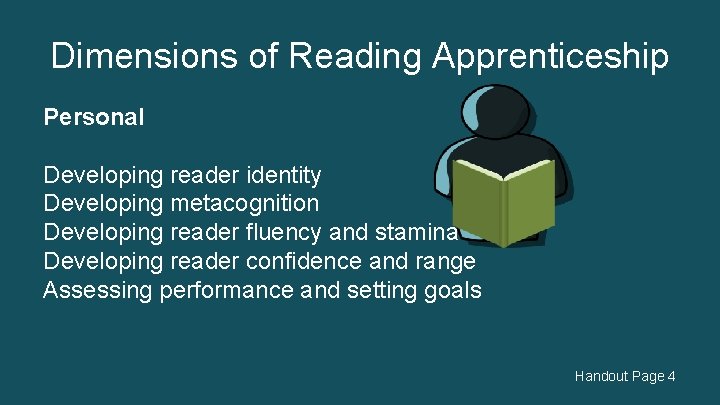 Dimensions of Reading Apprenticeship Personal Developing reader identity Developing metacognition Developing reader fluency and