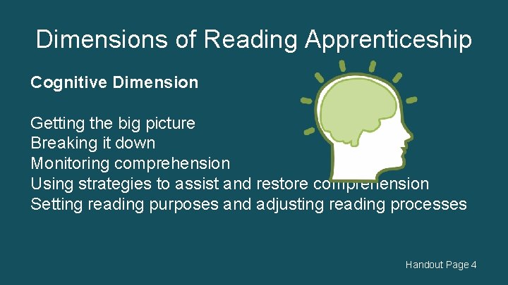 Dimensions of Reading Apprenticeship Cognitive Dimension Getting the big picture Breaking it down Monitoring