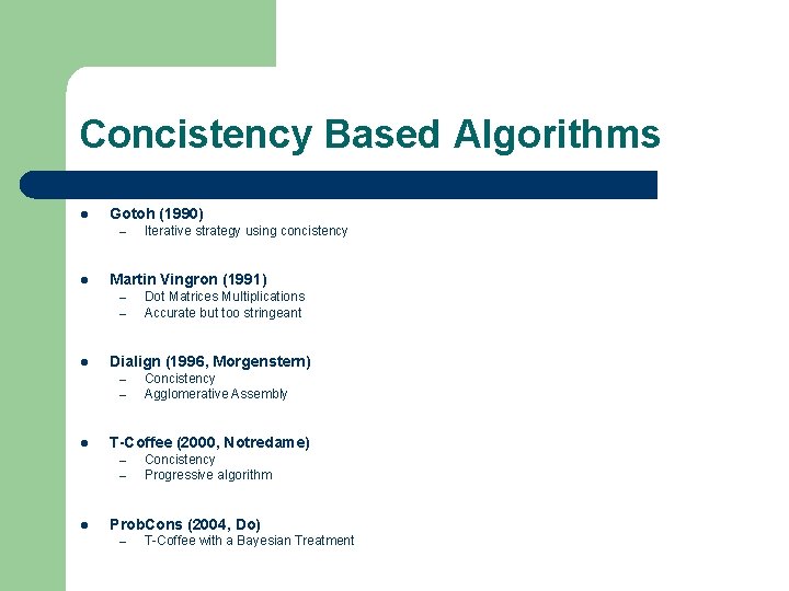Concistency Based Algorithms l Gotoh (1990) – l Martin Vingron (1991) – – l