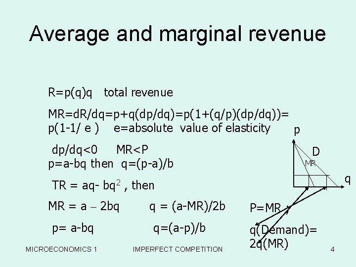 Average and marginal revenue R=p(q)q total revenue MR=d. R/dq=p+q(dp/dq)=p(1+(q/p)(dp/dq))= p(1 -1/ e ) e=absolute