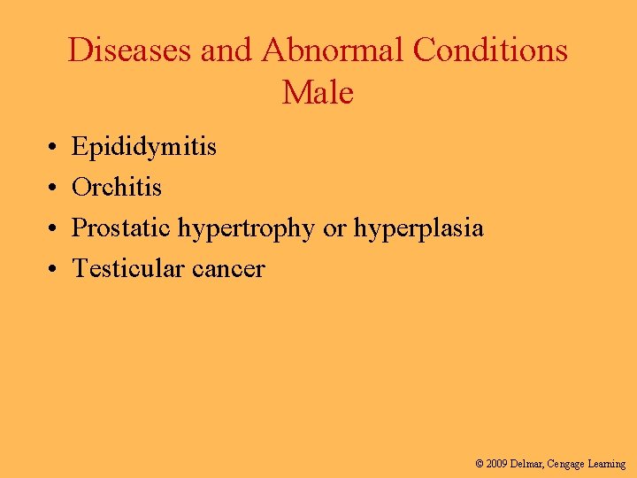 Diseases and Abnormal Conditions Male • • Epididymitis Orchitis Prostatic hypertrophy or hyperplasia Testicular