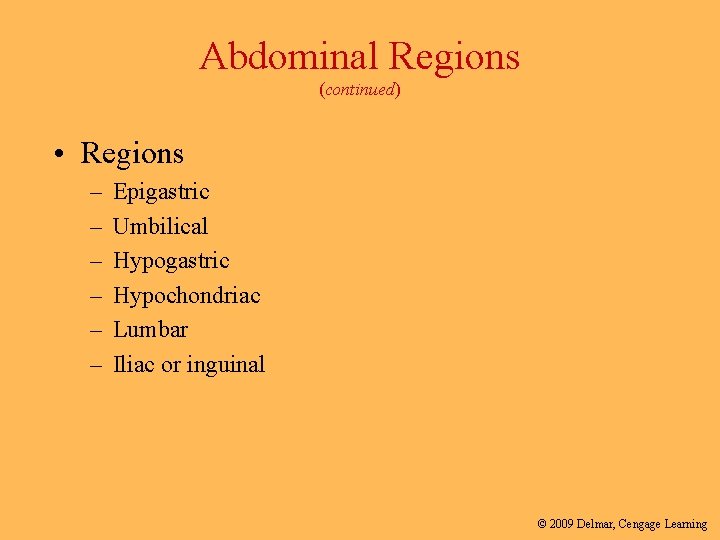 Abdominal Regions (continued) • Regions – – – Epigastric Umbilical Hypogastric Hypochondriac Lumbar Iliac