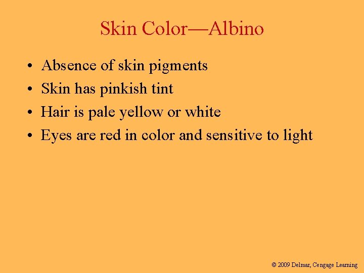 Skin Color—Albino • • Absence of skin pigments Skin has pinkish tint Hair is