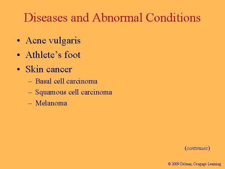 Diseases and Abnormal Conditions • Acne vulgaris • Athlete’s foot • Skin cancer –