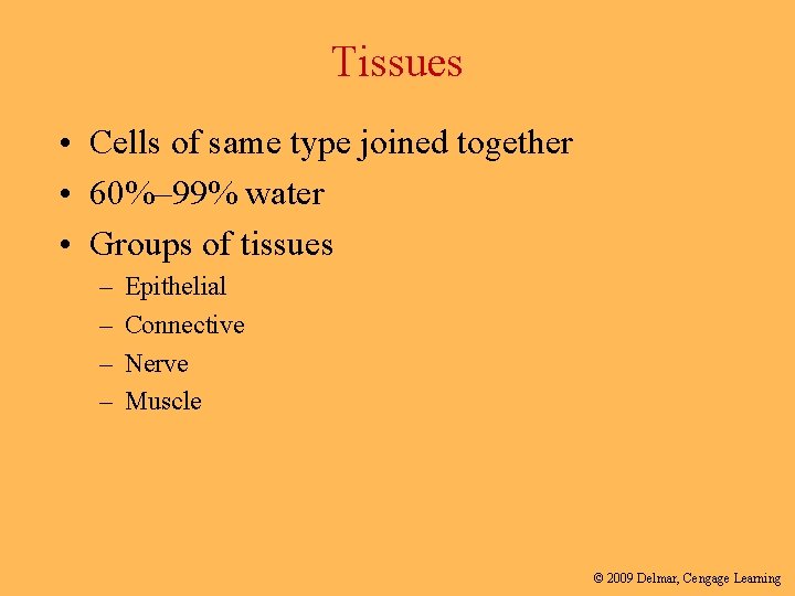Tissues • Cells of same type joined together • 60%– 99% water • Groups