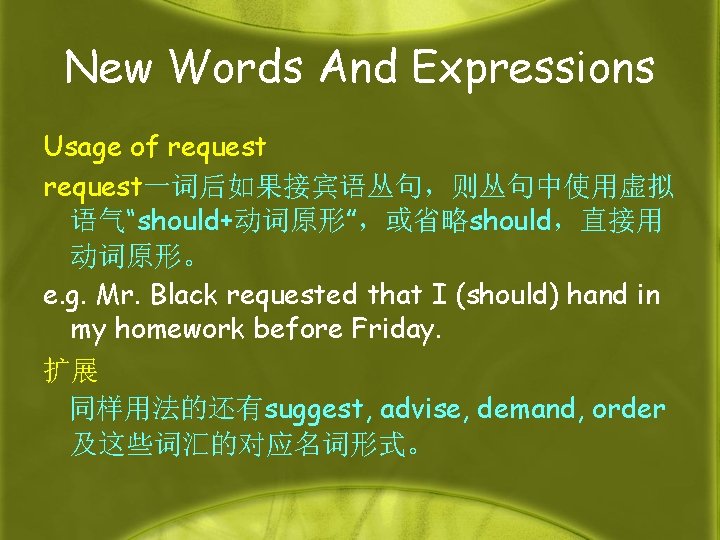 New Words And Expressions Usage of request一词后如果接宾语丛句，则丛句中使用虚拟 语气“should+动词原形”，或省略should，直接用 动词原形。 e. g. Mr. Black requested
