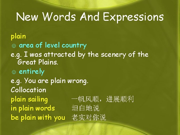 New Words And Expressions plain ☺ area of level country e. g. I was