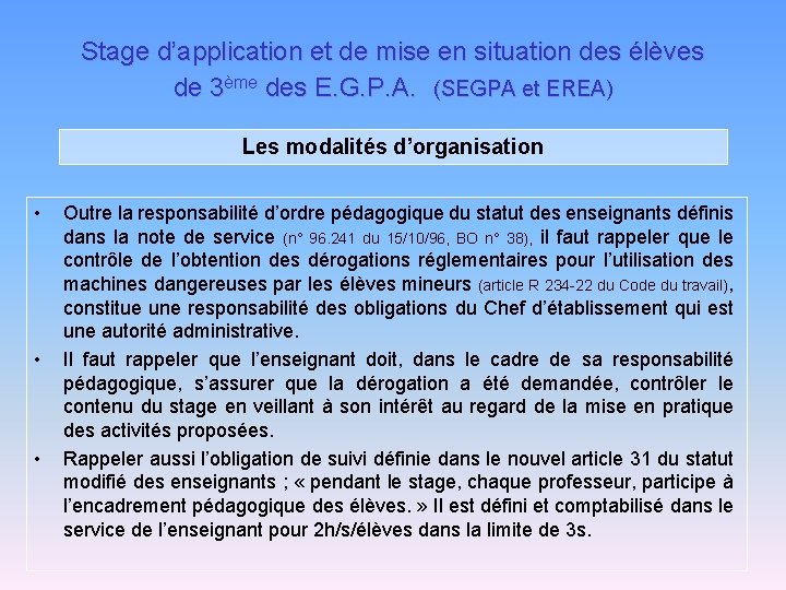 Stage d’application et de mise en situation des élèves de 3ème des E. G.