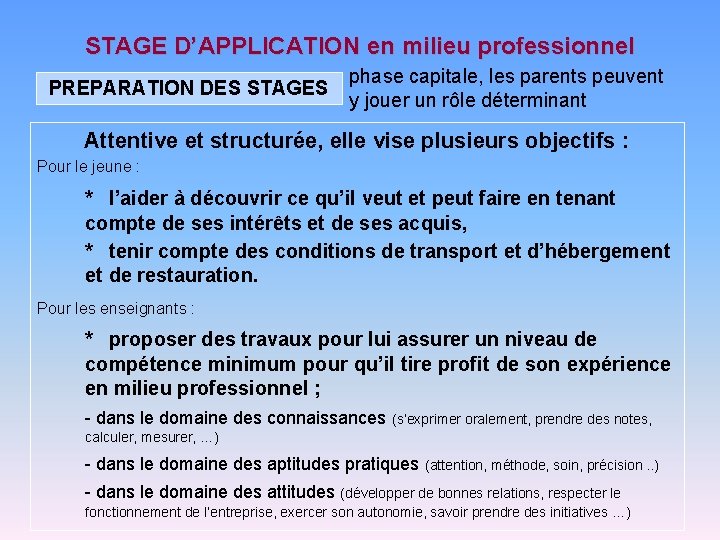 STAGE D’APPLICATION en milieu professionnel PREPARATION DES STAGES phase capitale, les parents peuvent y