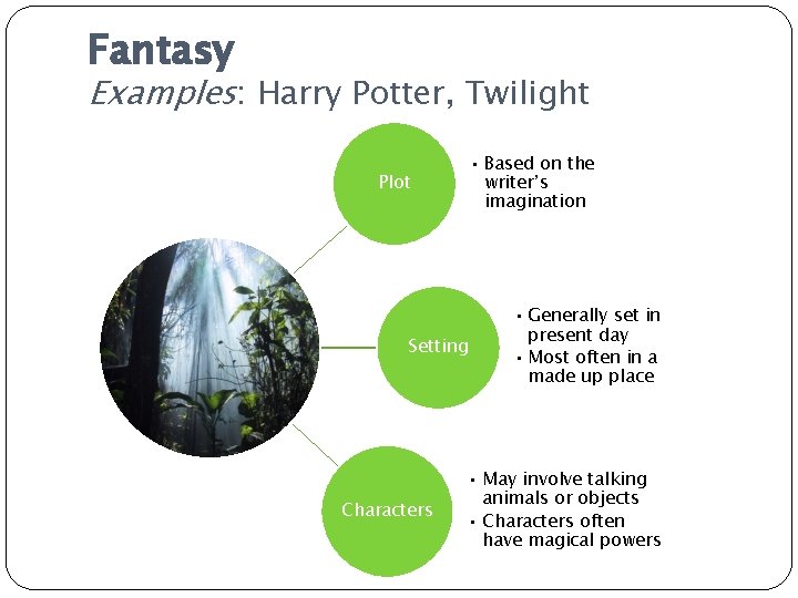 Fantasy Examples: Harry Potter, Twilight • Based on the writer’s imagination Plot Setting Characters