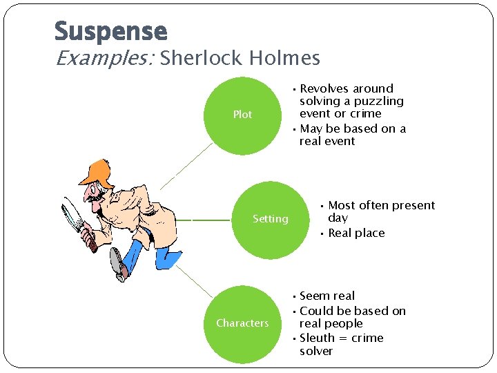 Suspense Examples: Sherlock Holmes • Revolves around solving a puzzling event or crime •