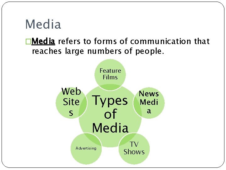 Media �Media refers to forms of communication that reaches large numbers of people. Feature