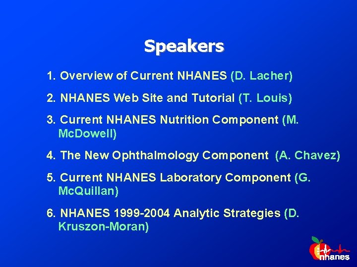 Speakers 1. Overview of Current NHANES (D. Lacher) 2. NHANES Web Site and Tutorial