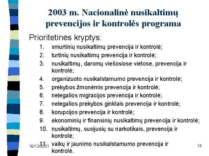 2003 m. Nacionalinė nusikaltimų prevencijos ir kontrolės programa Prioritetinės kryptys: 1. 2. 3. smurtinių