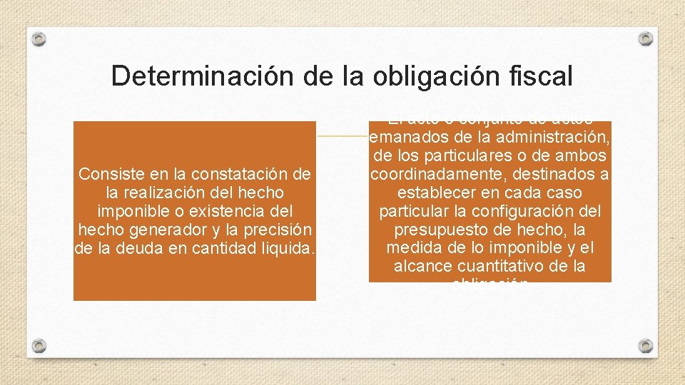 Determinación de la obligación fiscal Consiste en la constatación de la realización del hecho