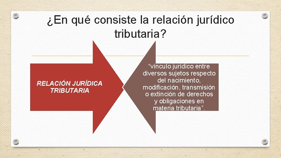 ¿En qué consiste la relación jurídico tributaria? RELACIÓN JURÍDICA TRIBUTARIA “vínculo jurídico entre diversos