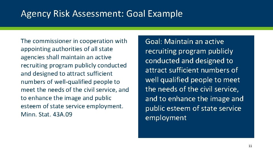 Agency Risk Assessment: Goal Example The commissioner in cooperation with appointing authorities of all Agency Risk Assessment: Goal Example The commissioner in cooperation with appointing authorities of all