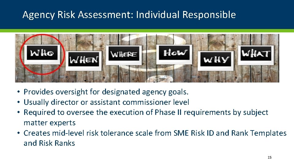 Agency Risk Assessment: Individual Responsible • Provides oversight for designated agency goals. • Usually Agency Risk Assessment: Individual Responsible • Provides oversight for designated agency goals. • Usually