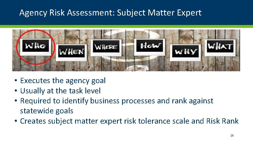 Agency Risk Assessment: Subject Matter Expert • Executes the agency goal • Usually at Agency Risk Assessment: Subject Matter Expert • Executes the agency goal • Usually at