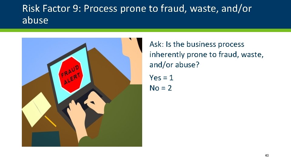 Risk Factor 9: Process prone to fraud, waste, and/or abuse Ask: Is the business Risk Factor 9: Process prone to fraud, waste, and/or abuse Ask: Is the business