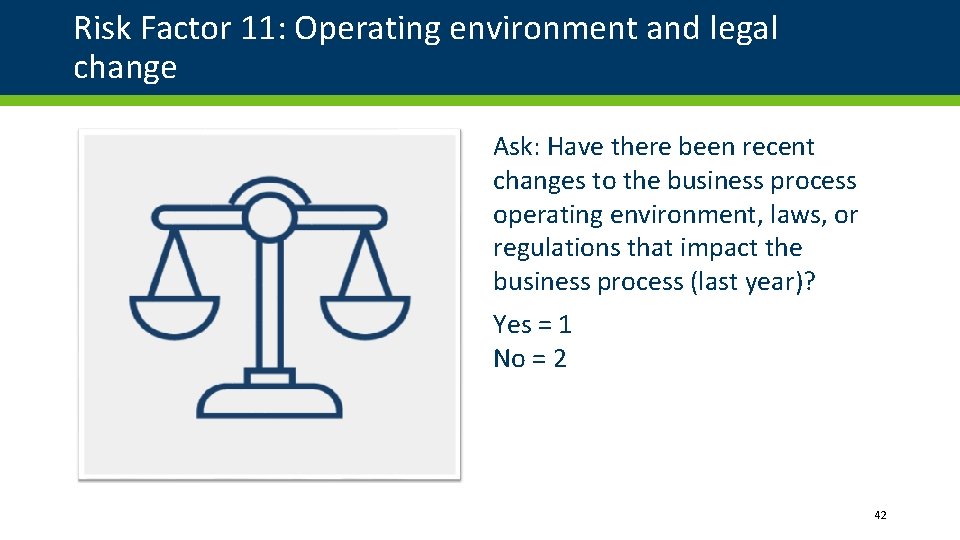 Risk Factor 11: Operating environment and legal change Ask: Have there been recent changes Risk Factor 11: Operating environment and legal change Ask: Have there been recent changes