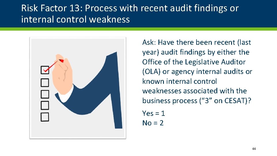 Risk Factor 13: Process with recent audit findings or internal control weakness Ask: Have Risk Factor 13: Process with recent audit findings or internal control weakness Ask: Have