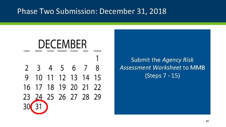 Phase Two Submission: December 31, 2018 Submit the Agency Risk Assessment Worksheet to MMB Phase Two Submission: December 31, 2018 Submit the Agency Risk Assessment Worksheet to MMB
