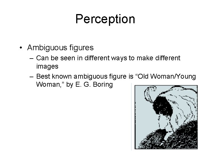 Perception • Ambiguous figures – Can be seen in different ways to make different