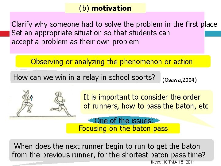 (b) motivation Clarify why someone had to solve the problem in the first place