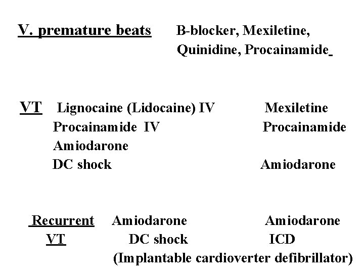 V. premature beats B-blocker, Mexiletine, Quinidine, Procainamide VT Lignocaine (Lidocaine) IV Procainamide IV Amiodarone