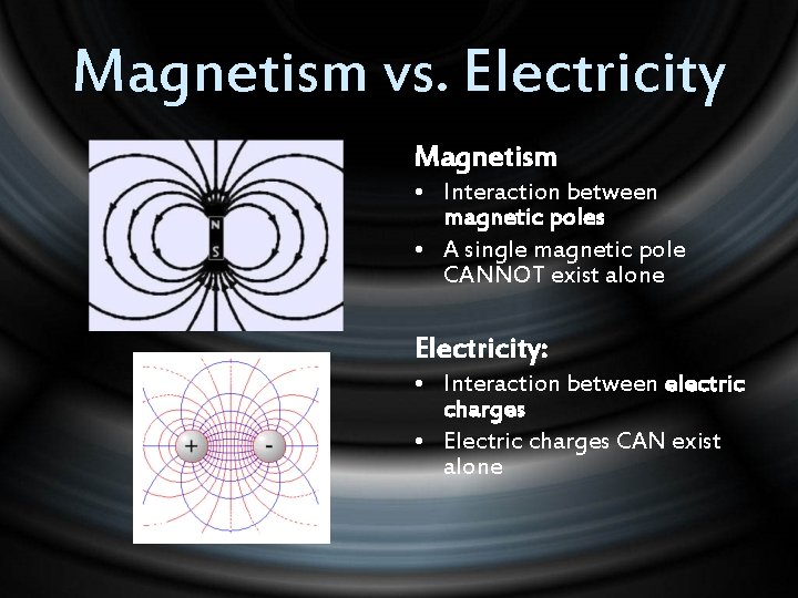Magnetism vs. Electricity Magnetism • Interaction between magnetic poles • A single magnetic pole