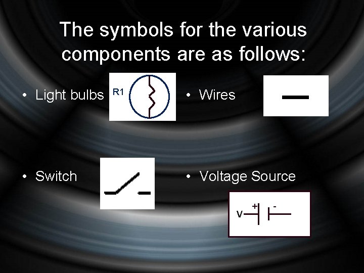The symbols for the various components are as follows: • Light bulbs • Switch