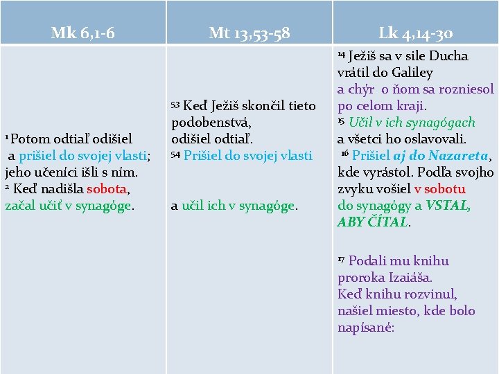 Mk 6, 1 -6 Mt 13, 53 -58 Lk 4, 14 -30 Ježiš sa