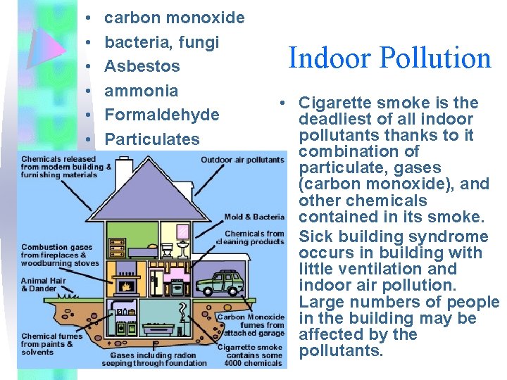  • • • carbon monoxide bacteria, fungi Asbestos ammonia Formaldehyde Particulates Indoor Pollution