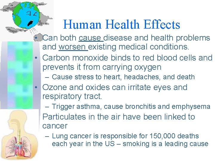 Human Health Effects • Can both cause disease and health problems and worsen existing