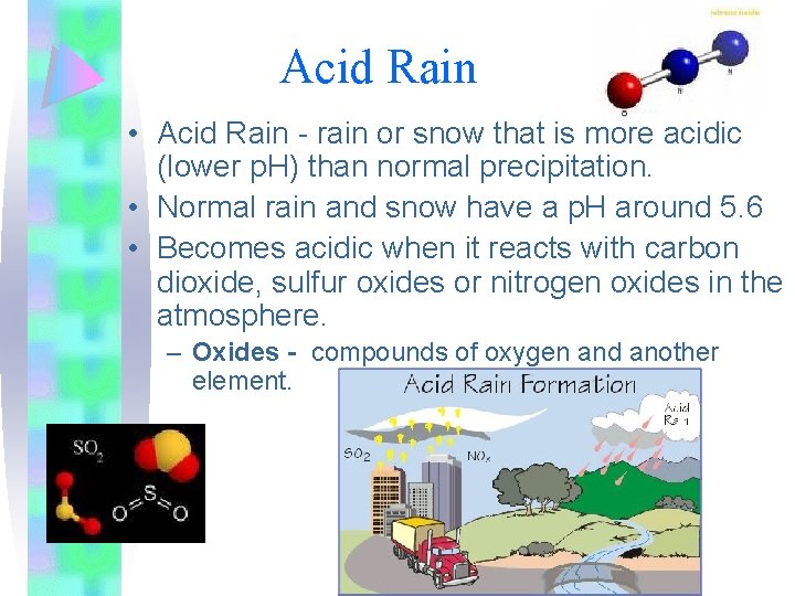 Acid Rain • Acid Rain - rain or snow that is more acidic (lower