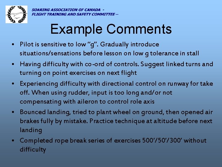 Example Comments • Pilot is sensitive to low “g”. Gradually introduce situations/sensations before lesson