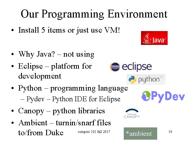 Our Programming Environment • Install 5 items or just use VM! • Why Java?