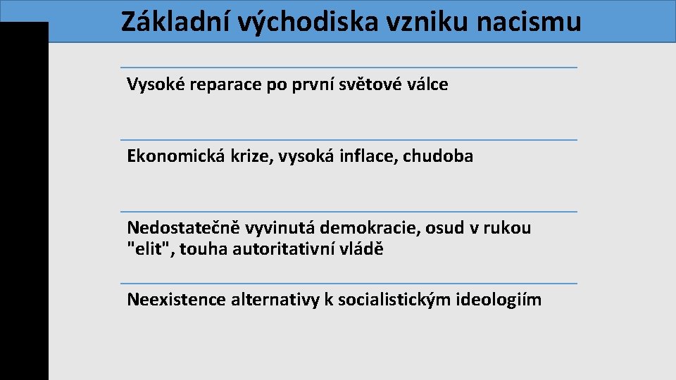 Základní východiska vzniku nacismu Vysoké reparace po první světové válce Ekonomická krize, vysoká inflace,