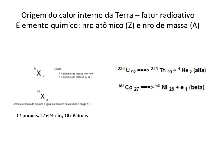 Origem do calor interno da Terra – fator radioativo Elemento químico: nro atômico (Z)