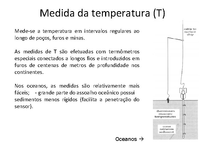 Medida da temperatura (T) Mede-se a temperatura em intervalos regulares ao longo de poços,