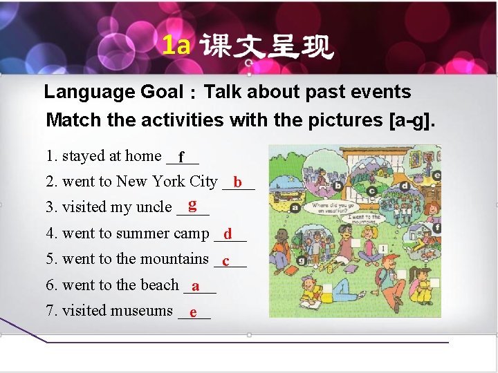 1 a Language Goal：Talk about past events Match the activities with the pictures [a