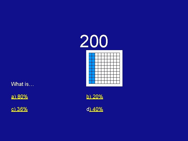 200 What is… a) 80% b) 20% c) 36% d) 40% 