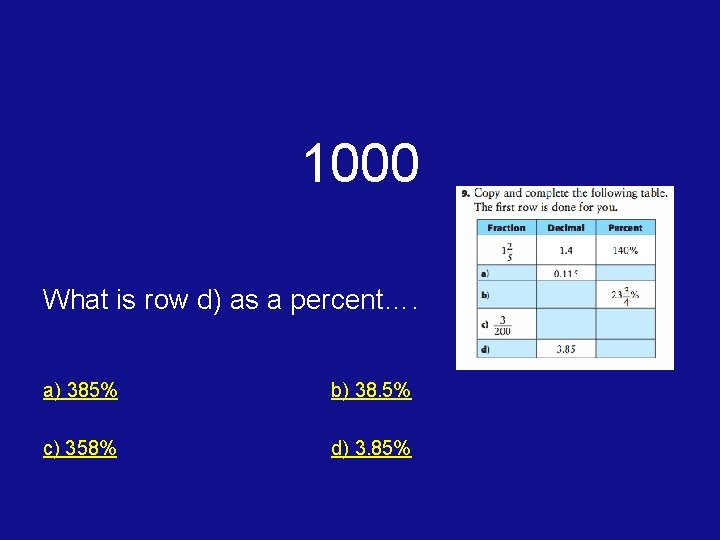 1000 What is row d) as a percent…. a) 385% b) 38. 5% c)