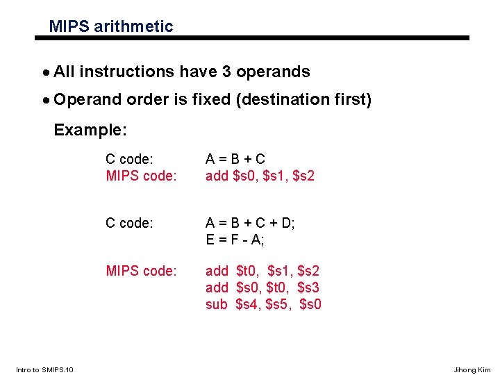 MIPS arithmetic · All instructions have 3 operands · Operand order is fixed (destination
