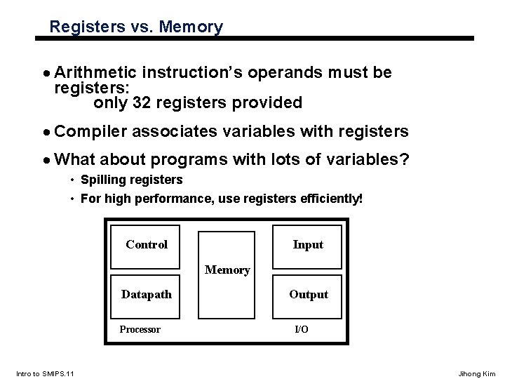 Registers vs. Memory · Arithmetic instruction’s operands must be registers: only 32 registers provided
